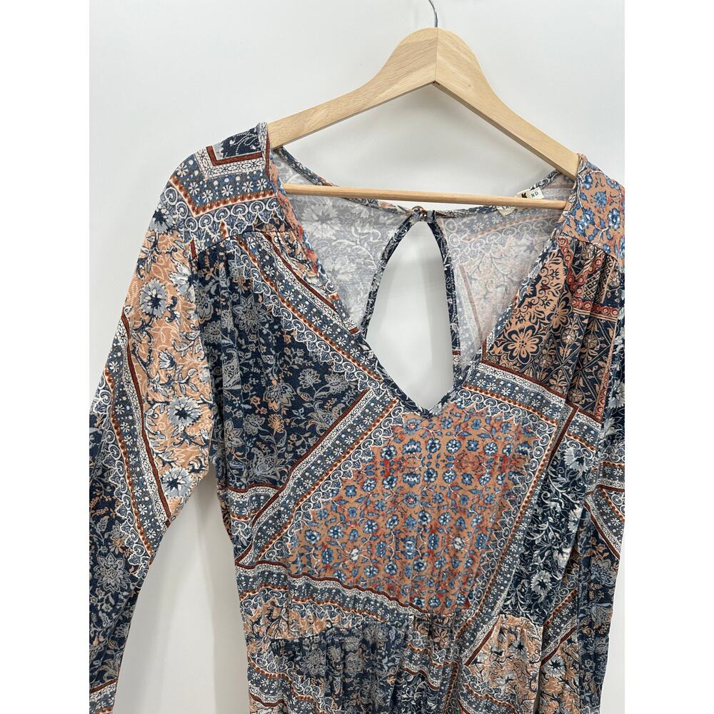 Earthbound Trading Co Blue Tan Floral Long Sleeve Romper Open Back Boho Women XL - Picture 4 of 9